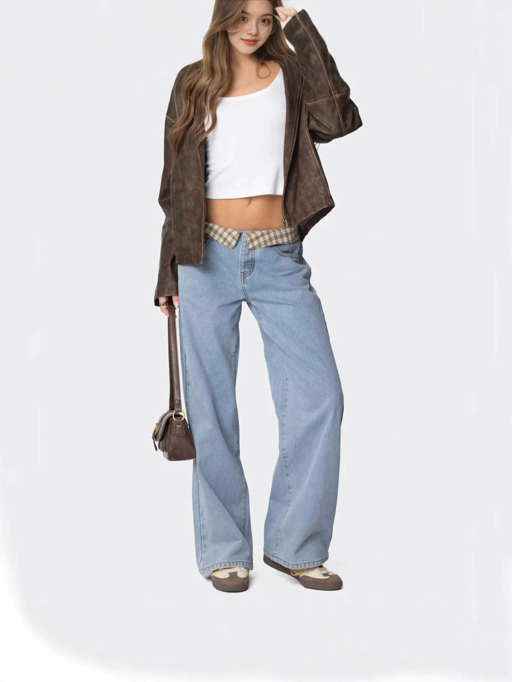 ZARA Women Casual Loose Fit Plaid Denim Jeans